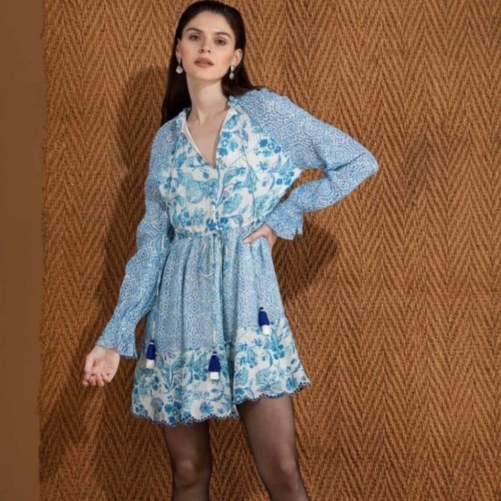 Hemant & Nadita boho Blue Floral metallic gold Tunic Mini Dress Medium nwt new